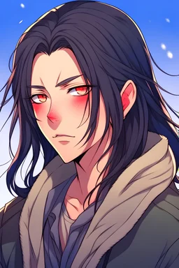 a handsome anime boy with long black hair with cold demeanor