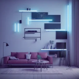 modern living room,designer furnature,view on tv, neon lights, 8k, extremly detailed,luxus, wohlhabend, cinema4d, 3d render,