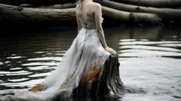 Contraste de texturas: corteza de abedul blanca y rugosa contra el agua lisa y el vestido vibrante, capturando una atmósfera etérea.