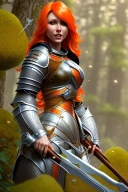 milf, orange hair, knight armor, full body, forest, 8k resolution, high-quality, fine-detail, intricate, fantasy art, detailed matte, volumetric lighting, illustration, 3D