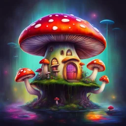 mushroom house on a floating space island. Bright Bold Bright Colors, Stark Dark background. Fantasy Style. High Quality, Painterly, Whimsical, Fun, Imaginative, Bubbly,