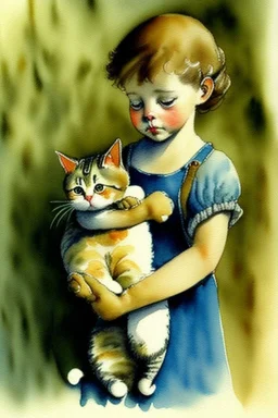 A cute cat is holding a kitten,. no double hands. Watercolour