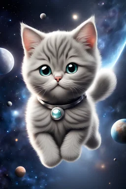 A grey cute cat in the Space flying around