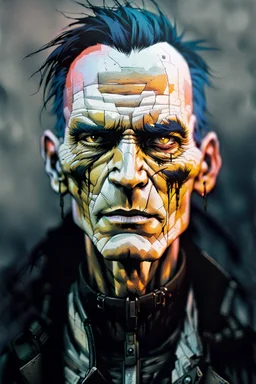 create a full body portrait illustration of a raggedly dressed emaciated cyberpunk derelict , with highly detailed and deeply cut facial features, in the comic art style of FRANK MILLER and BILL SIENKIEWICZ, searing lines and forceful strokes, precisely drawn, boldly inked, with gritty textures, vibrant colors, dramatic otherworldly lighting