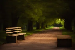 Night, square bench, dirt roads, trees, photography