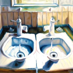 two white sinks, in one of them water is turning right and in the other lef, art, oil drawing, bright,