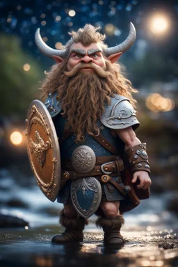 elven gremlin viking with wild hair and big holy ornamented shield Under stjerners gnist Vi går som ett, vår tro et løfte ,bokeh like f/0.8, tilt-shift lens 8k, high detail, smooth render, down-light, unreal engine, prize winning