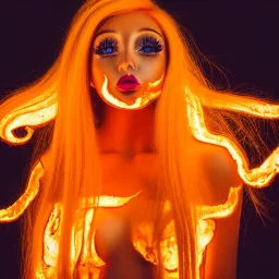 woman made of fire, fire angel, fire clothes, full body portrait, long flowing yellow hair, highly detailed, real life photo, photo quality, extremely detailed, highly detailed, 8K, crisp quality, looking at me