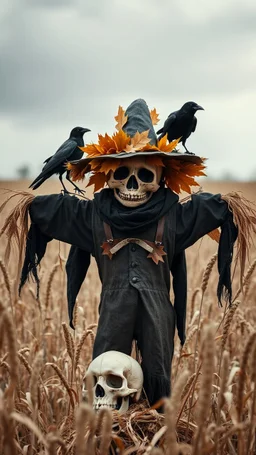 scarecrow wearing a leaves hat and black clothes in surrendered by field of barely , crows are standing on his shoulders and a skull on the ground