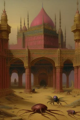 A purplish magenta Egyptian spider palace in a desert painted by John Atkinson Grimshaw