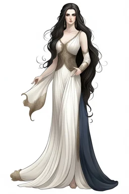 full body portrait of a woman who looks like an elegant, greek goddess; she became mean after a stroke of faith, she is beautiful and has long dark hair, she is beautiful, her patron animal is a unicorn, her stone is an auralith