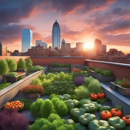 Magnificent fantastical garden atop building in Boston at sunset, dramatic sky, dramatic boston skyline, gun glare effect, photorealism, perfect composition, 3d octane render, hd, perfect, stunning verdant garden teeming with vegetables