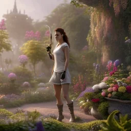 pixar style, volumetric summer garden environment and background, realistic painting of Kristen Stewart, looking excited, volumetric lighting, dramatic lighting, detailed digital painting, extreme dense and fine fur, anime, ornate, colour-washed colors, elegant, small minutiae, tiny features, particulars, centered, smooth, sharp focus, renderman gofur render, 8k, uhd, detailed eyes, realistic shaded volumetric lighting, sunlight caustics, backlight, centered camera view