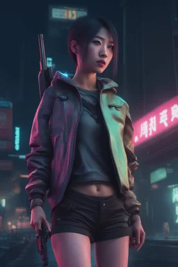 4k, hyper-realistic, Ultra-HD, Ray-tracing, cyberpunk, cybernetics, Asian, Female, short, jacket, carrying pistol, hacker, night time, bright signs, lively city