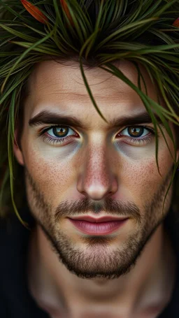A face of a man contains of red leaf’s and hair is a green grass with eyes from peaches