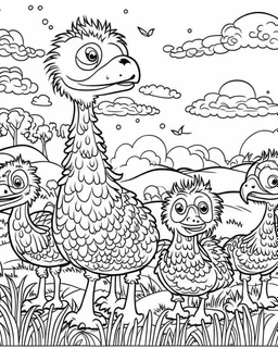 create a 2d black outline, "safari smiling cartoon Ostriches coloring book for toddlers", coloring page, low details design, black contour, coloring page design, simple background, colorful , card style, coloring page for kids, white background, sketch style, safari landscape, cartoon style