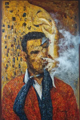man with catfish shark head smoking a cigarrette in the style of klimt