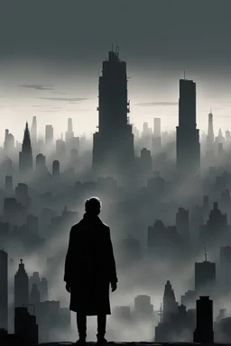 I'd like an old man's silhouette with his back turned looking at a dystopian city from far away, evoking feelings of loneliness
