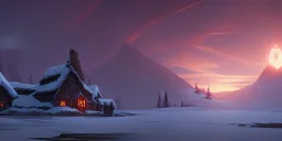 Small viking cattle farm in a bleak cold land, sunset, snowy