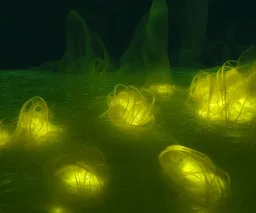 Kelp forest, bulb with yellow bioluminescence, 3d render, Hyper realism