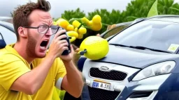 guy in hurricane arguing on phone next to his kia sportage made out of lemons