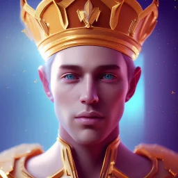 A portrait of a crystalised blue pink king, gold, sunny background, atmospheric, realistic, unreal engine, lighting, octane render.