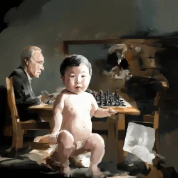 Putin, President Xi Of China And Joe Biden Play Chess With Atomic Bomb Mushroom Cloud,Complex Surgical Instruments Intermixed With A Newborn Boy,Minimalism,Painting By Adrian Ghenie,Rene Magritte,Pablo Picasso,Michelangelo,Salvador Dali,Lucian Freud