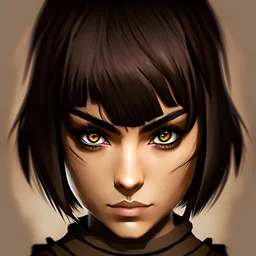 ninja girl with square faceshape, brown bob, bangs, brown eyes and eyeliner