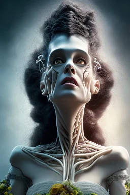 4K Ultra-HD, Hyper realistic, cinematic lighting -- the bride of Frankenstein , short, bowl-cut black hair, dead eyes, Yellow skirt, blue blouse with short poofy sleeves, extremely pail skin, wilted Rose pedals, gloomy, foggy, Castle, Full body image -- 4k, stunning, dramatic lighting, dramatic background, cinematic, atmospheric, very detailed, historic, powerful, octane rendering, exquisite detail, 30 - megapixel, 4k, 85 - mm - lens, sharp - focus, intricately detailed