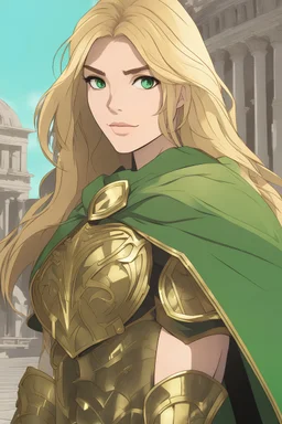 Woman with long blonde hair, vivid green eyes, wearing gilded Greek armor, light green cape, Coliseum background, RWBY animation style