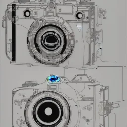 components of the camera laid out flat. poster design. high detailed. oil on canvas.