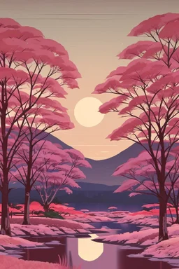 a land scape of Japanese garden, big moon, red sky , surrounded by cherry blossom trees, cel shading