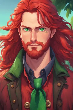 Pirates caught a man, long red hair, long red jacket with a green tie, green eyes, stardew valley style