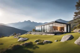 Modern, minimalist house located in a picturesque landscape. It is characterized by large glass windows and a clear exterior, providing an unobstructed view of the surrounding environment. It is built on a flat area surrounded by grass and rocks, with imposing mountains and trees in the background. The sky is clear, it is a serene and calm day, architecture, vibrant