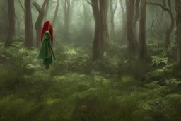 green robed elf in forest facing away, highly detailed, 8k, atmospheric lighting, trending on artstation