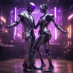 Hyper Realistic Cyberpunk Robotic couple dancing (robotic-man with purple tuxedo & robotic-female with silver gown) with dark rustic cyberpunk background & few electrical-sparks