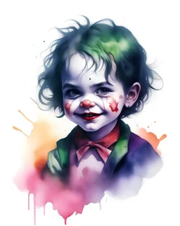 Draw the Joker figure of a black-haired baby girl in watercolor and oil painting style