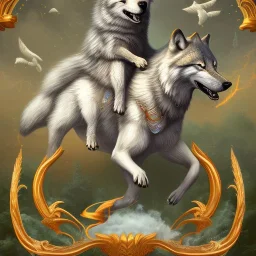 Wolf riding on the back of flying goose