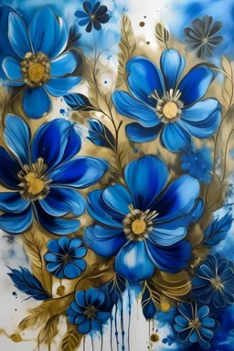 boho painting of cobalt blue flowers with metallic gold details