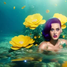 Katy Perry underwater with yellow flowers for hair, closed eyes, rtx, reflection, 8k, glow, winning photography, caustics