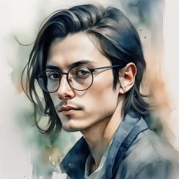 watercolour, large strokes, stylistic, portrait, illustration, dull colours, young, 20-something male, long black hair falling down the torso, brown eyes, has a certain aura of confidence,sharp facial features, slick angular glasses.