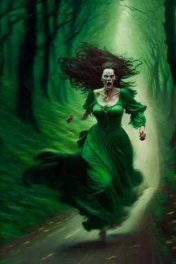 a beautiful woman, in a green velvet dress with a sheath, running down a wooded road, while death chases her and tries to suck her into hell