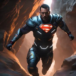 cyberpunk warrior white man, 38 years old, short hair, running a marathon, black superman shirt, 8k render cyberpunk colors,Ultra level Photorealistic, Within the mystical aura of a forgotten cave, The light plays upon his armored suit, revealing intricate details and the battle-worn marks of his crusade. As he gazes ahead, his eyes seem to hold the secrets of both the mortal world and the mystical realm,