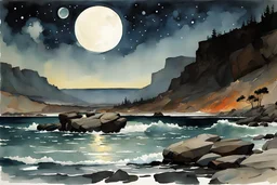 rocks, mountains, sci-fi, fantasy, night, winslow homer watercolor paintings
