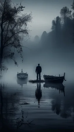 A mysterious man in black standing by the foggy lake black vein, human veins, mixing together a lot of them, like a forest, big and small veins a lot of them. A mist, show a small boat in a man in dark is coming in dark foggy distance and another man is standing