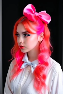 A beautiful girl with bright hair tied at the ends with a beautiful bow on her hair