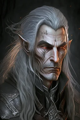 ancient grizzled, gnarled elf mage, he has long, grey hair streaked with black, highly detailed facial features, and sharp cheekbones. His eyes are black. He wears weathered medieval leather clothes. he is lean and tall, with pale skin, full body with thigh high leather boots and has a dark malevolent aura within swirling maelstrom of ethereal chaos in the comic book style of Bill Sienkiewicz and Jean Giraud Moebius in ink wash and watercolor