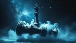 Hyperrealistic illustration of one giant queen chess piece floating in the big galaxy, deep dark universe with stars and nebula, fantasy, dramatic atmosphere. The overall scene moody and surreal, with intricate stunning textures on the queen chess highlight its grandeur and mystery. white-blue mist aura around the chess piece. detailed, stunning illustration