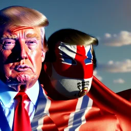 realistic image of donald trump as a mexican wrestling fighter posing outdoors, Mexican eyes wrestling mask, red and blue breeches, confederate flag cape, retro style, 80s, vibrant color, highly detailed, sky background, concept art, unreal engine 5, god rays, ray tracing, RTX, lumen lighting, ultra detail, volumetric lighting, 3d, finely drawn, high definition, high resolution.