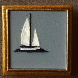 tiny oil painting of tiny sailboat, tiny white canvas, tiny white frame, melancholy, tender, moody, vintage, delicate arrangement, beautiful composition, etsy, aesthetic layout, plain solid white background